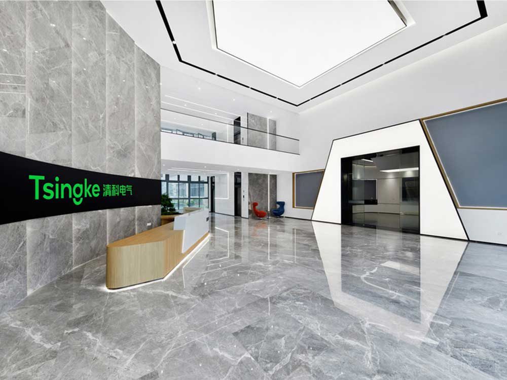 大理石電氣科技現(xiàn)代公司前臺(tái)區(qū)環(huán)形led設(shè)計(jì)木質(zhì)接待臺(tái)大廳設(shè)計(jì)