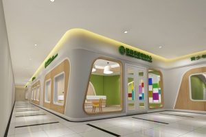 兒童培訓機構裝修木質墻體玻璃隔斷教室大理石黑白色調瓷磚鋪貼設計