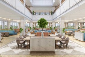 對稱式餐廳就餐區(qū)域酒樓裝修效果圖現(xiàn)代簡約創(chuàng)意設計藍色點綴