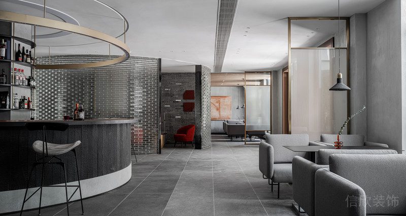 灰色環(huán)形沙發(fā)休息區(qū)環(huán)境水吧臺辦公室過道設計圖