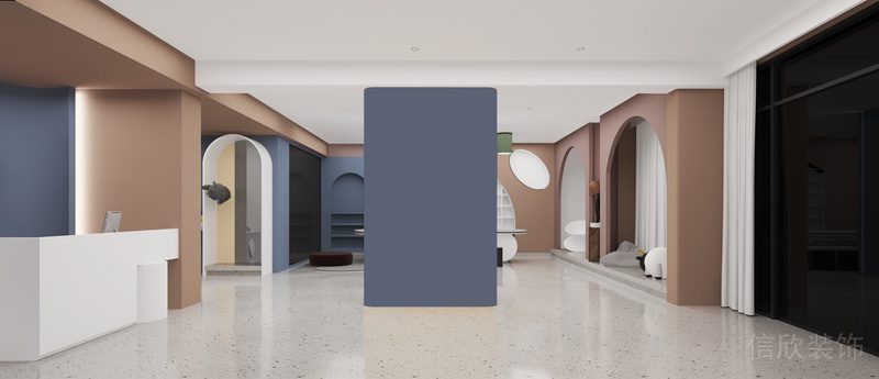 辦公室裝修設(shè)計(jì)皮粉色撞色木藍(lán)色高級(jí)色調(diào)水磨石創(chuàng)意設(shè)計(jì)