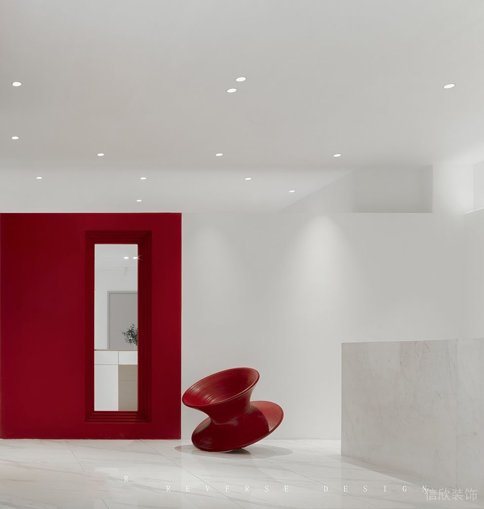 紅色環(huán)形墻體鏤空隔斷大理石前臺(tái)區(qū)域接待處辦公室效果裝修