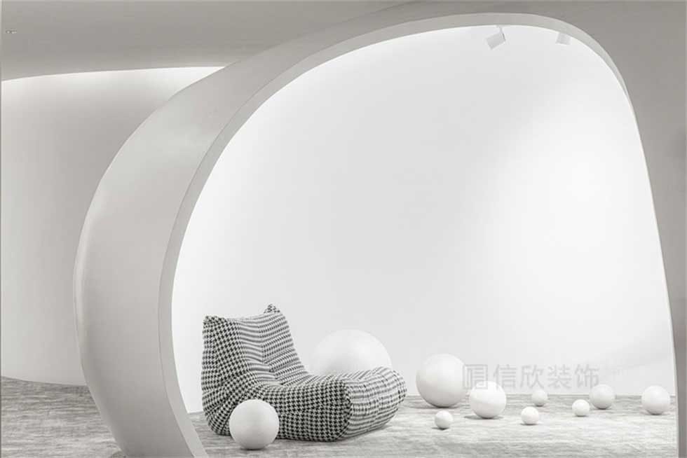 環(huán)形簡約白休息區(qū)水磨石地板裝修效果圖辦公室效果圖