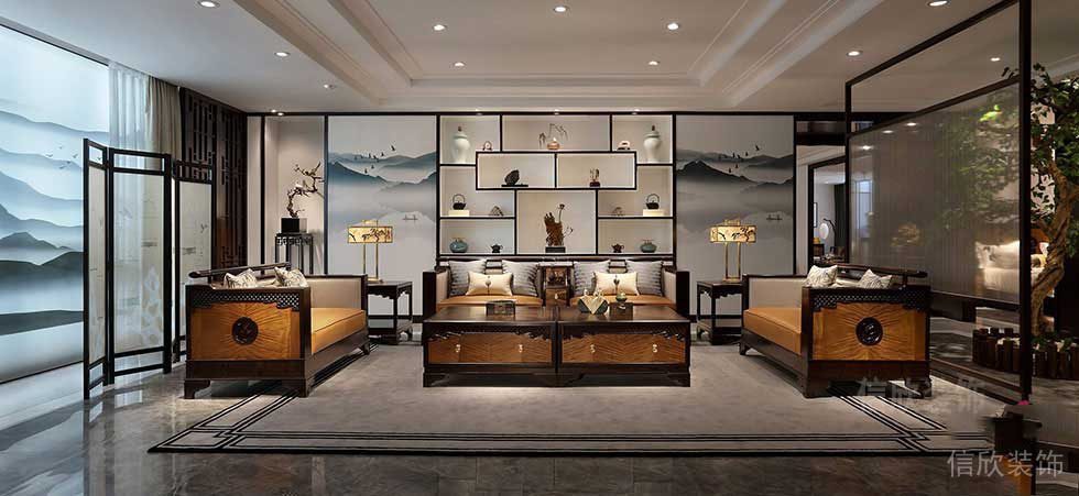 中式屏風(fēng)墻體內(nèi)嵌式中國創(chuàng)意水墨畫效果木質(zhì)沙發(fā)洽談室辦公室家具