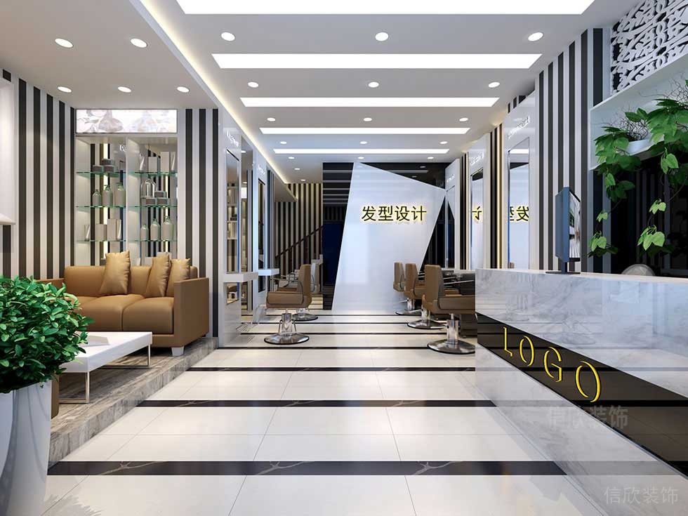 大理石黑白色調(diào)發(fā)型設(shè)計效果圖條紋墻體裝修店鋪