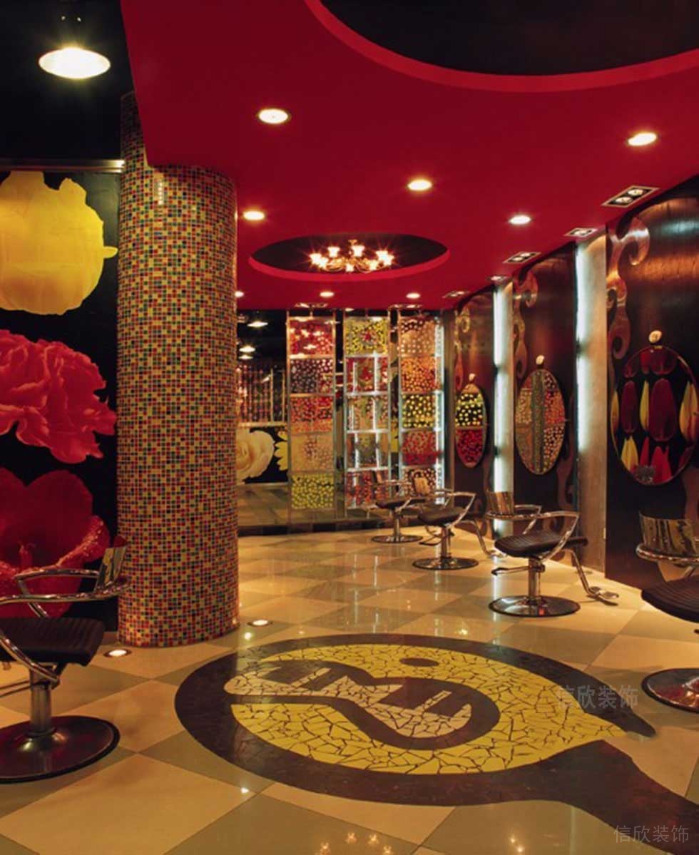 理發(fā)店裝修輕奢風(fēng)現(xiàn)代紅色天花吊頂瓷磚設(shè)計(jì)地板裝修