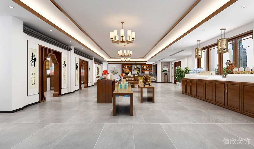 新中式木質店鋪裝修文創產品店鋪瓷磚過道鋪貼收納木柜效果圖