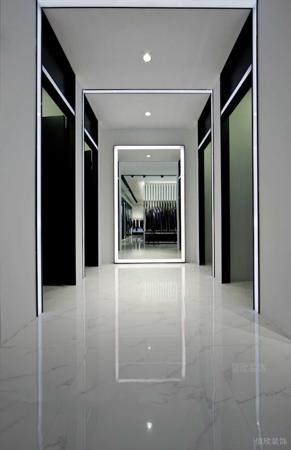 黑白色調過道設計簡約大理石環形燈帶鏡面更衣室服裝店鋪裝修