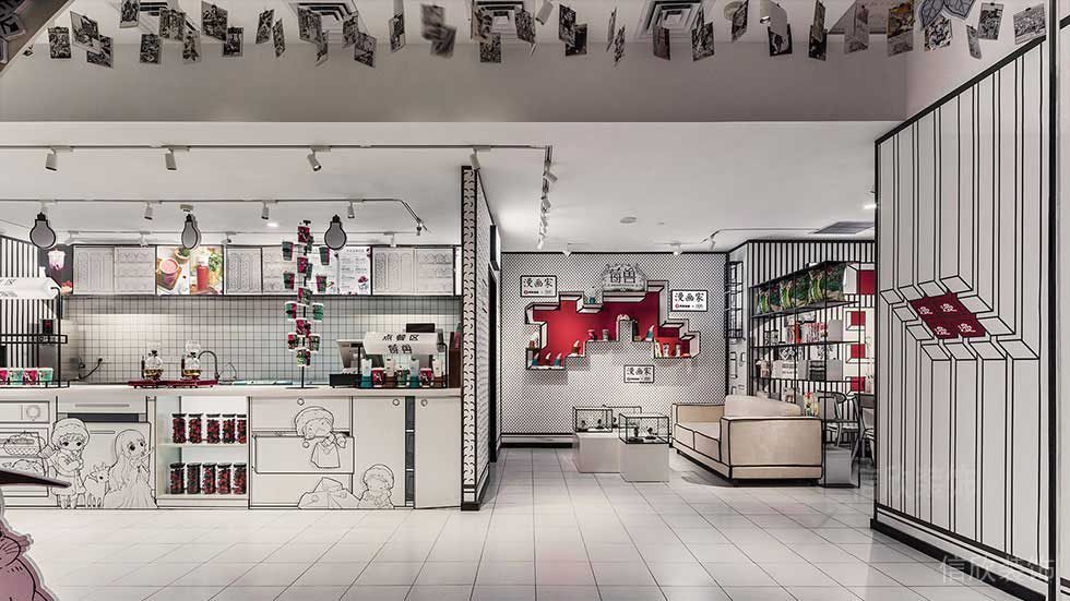 黑白色調童趣奶茶店裝修效果圖瓷磚休息區涂鴉效果圖