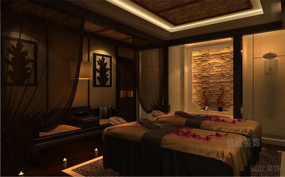 泰式按摩spa店鋪裝修店鋪效果圖雙人床效果圖墻體石材設(shè)計
