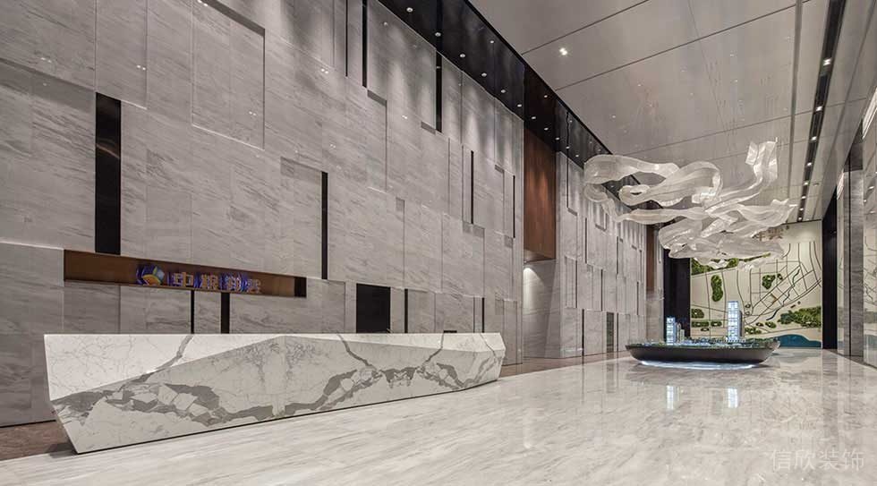 大理石前臺(tái)區(qū)裝修效果圖結(jié)合不規(guī)則接待處辦公樓大廳設(shè)計(jì)售樓處