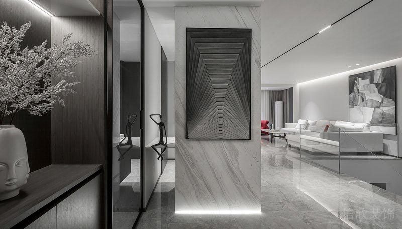 灰色現代簡約風大理石腳燈設計過道玻璃復式家裝效果圖