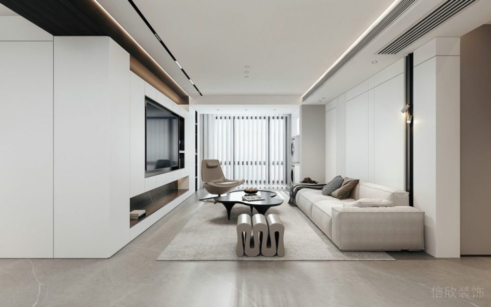 全屋定制客廳奶油色系灰調客廳沙發創意簡約設計效果圖。