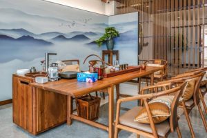 茶室屏風(fēng)背景瓷磚地面木格柵隔斷裝修設(shè)計