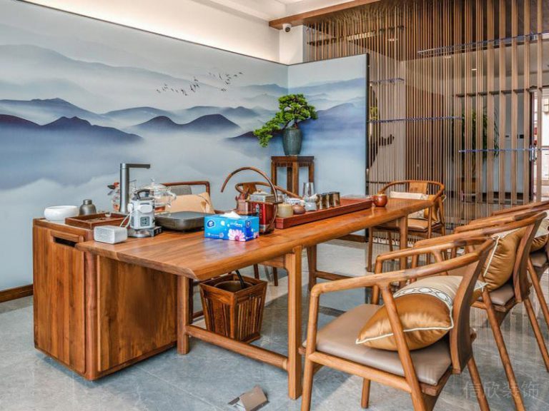 茶室屏風背景瓷磚地面木格柵隔斷裝修設計