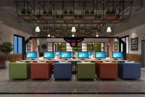 電子互聯網圖書館裝修設計效果圖天花金屬黑色框架設計