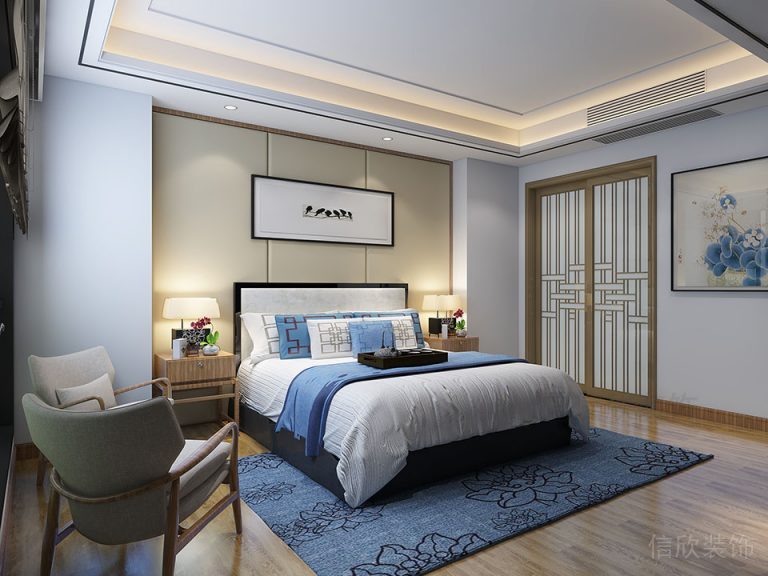主臥裝修設(shè)計(jì)效果圖實(shí)木地板新中式風(fēng)格皮革墻體設(shè)計(jì)