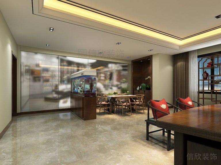 中式風(fēng)客廳裝修區(qū)域魚缸設(shè)計(jì)客廳裝修鏡面玻璃效果