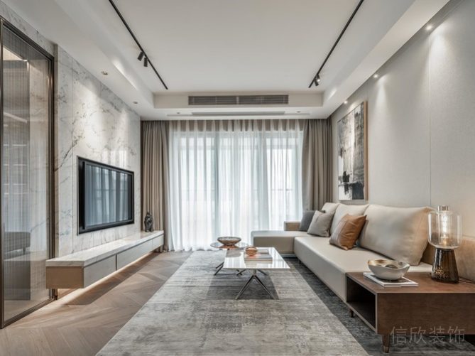 輕奢風(fēng)客廳裝修效果圖中央空調(diào)智能窗簾直線沙發(fā)木質(zhì)效果