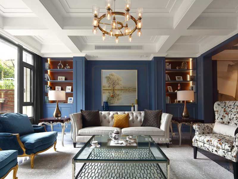 北歐風(fēng)藍(lán)色航行設(shè)計船舵天花圖案效果水晶燈玻璃茶幾客廳