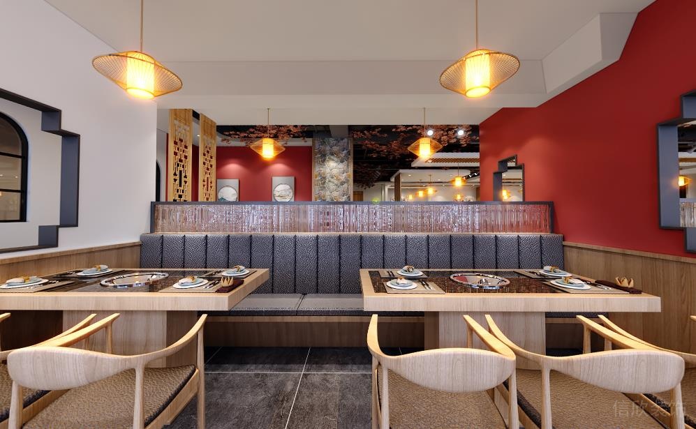 新中式風格火鍋店4人餐區(qū)卡座軟座裝修效果圖