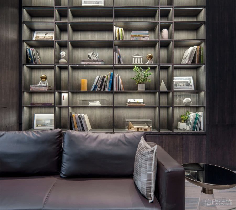 收納墻柜總裁辦公室皮革沙發效果圖會議室裝修