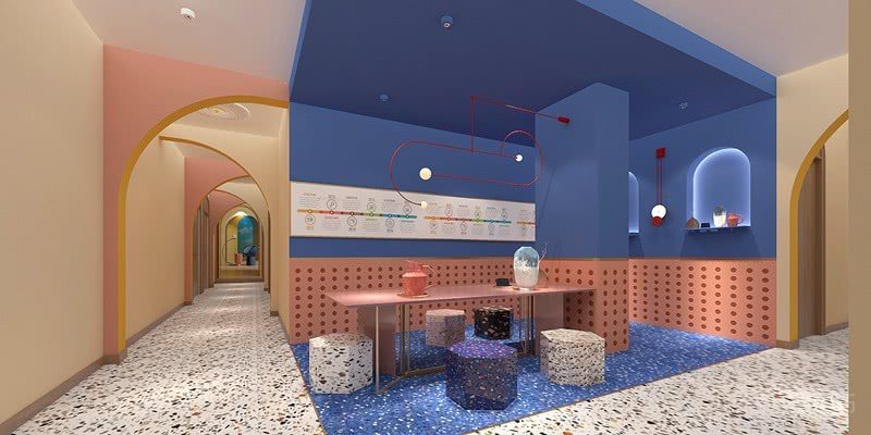 藍(lán)色開放式區(qū)域紅色金屬框架燈飾創(chuàng)意設(shè)計機構(gòu)休息區(qū)半墻洞洞板裝修