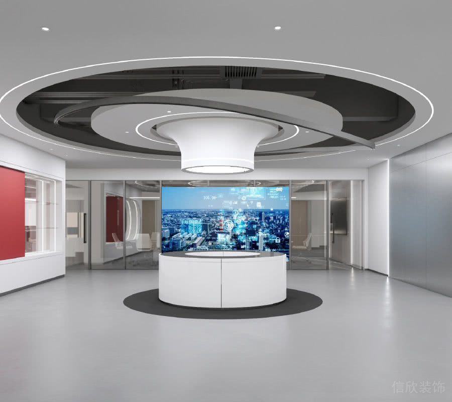 展廳中間圓形展臺(tái)和圓形的天花吊頂效果圖