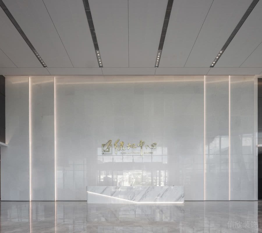 辦公樓大堂前臺(tái)形象墻石材燈光帶效果圖