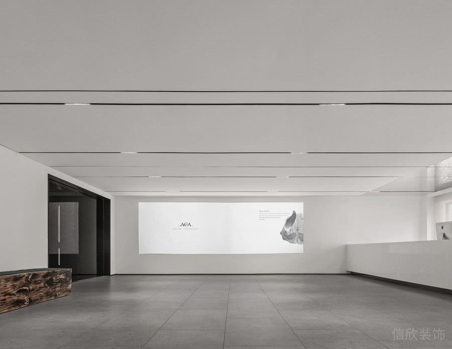 前臺(tái)區(qū)天花吊頂以黑色燈槽做分隔