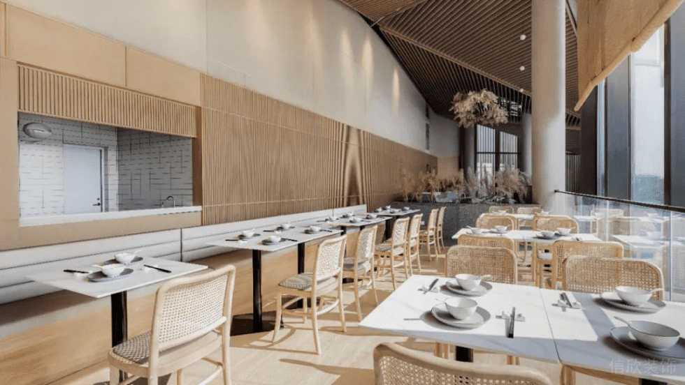 深圳寶安天琴閣原木色調田園簡約風素食館裝修案例爵士白大理石餐桌 深圳寶安天琴閣原木色調田園簡約風素食館裝修案例爵士白大理石餐桌