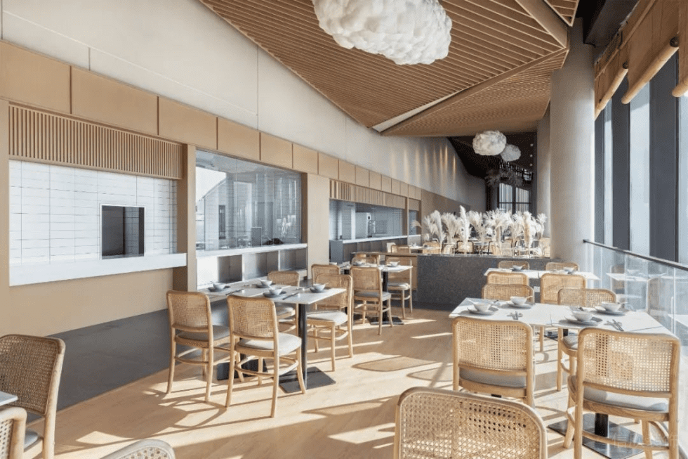 深圳寶安天琴閣原木色調田園簡約風素食館裝修案例白云造型藝術吊燈 深圳寶安天琴閣原木色調田園簡約風素食館裝修案例白云造型藝術吊燈