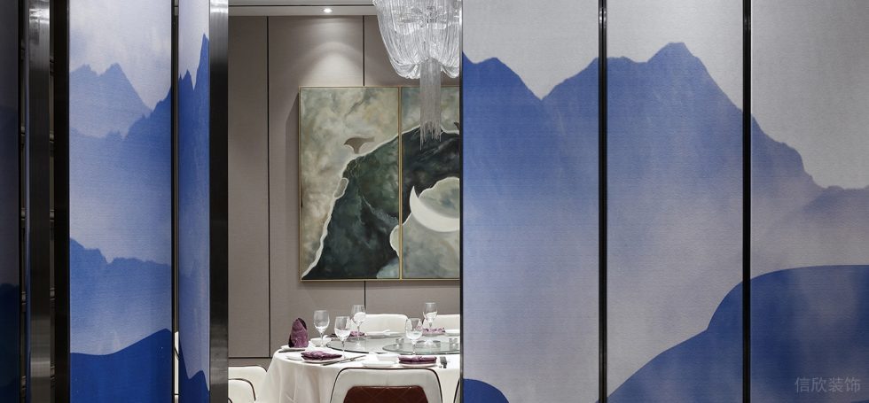 深圳南山天利名城現代中式風格湘菜館裝修案例包廂山水紋墻布硬包活動隔斷 深圳南山天利名城現代中式風格湘菜館裝修案例包廂山水紋墻布硬包活動隔斷