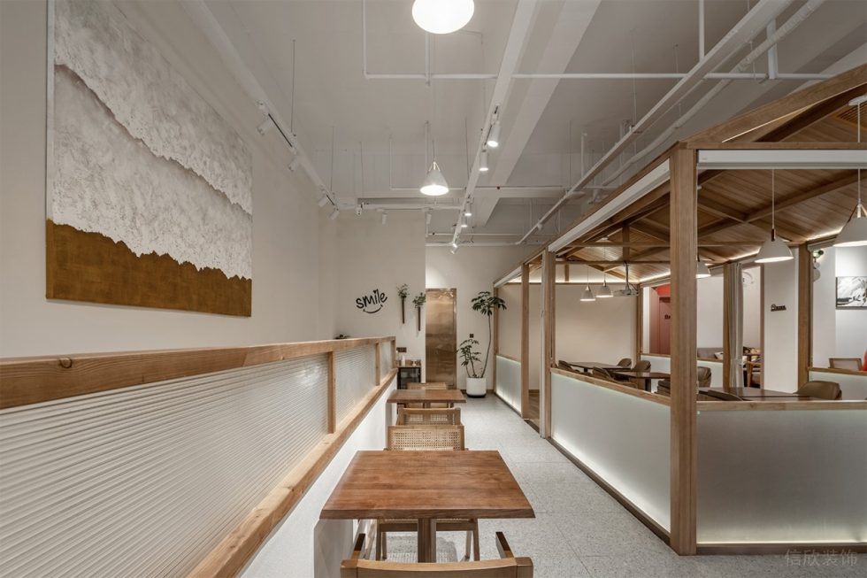 深圳市寶安區石巖原木風甜品店裝修設計白色工業感頂面