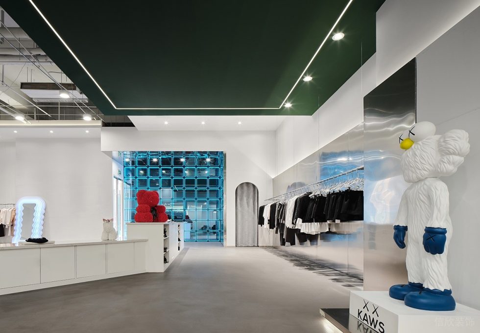 深圳市南山區(qū)南頭現(xiàn)代風rain & Snow.hby買手店裝修設計綠色石膏板燈帶吊頂