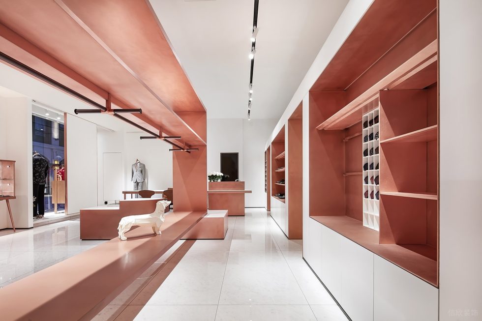 深圳市寶安區西鄉現代風品牌胤一紅幫服裝店墻邊展柜裝修設計效果圖 深圳市寶安區西鄉現代風品牌胤一紅幫服裝店墻邊展柜裝修設計效果圖