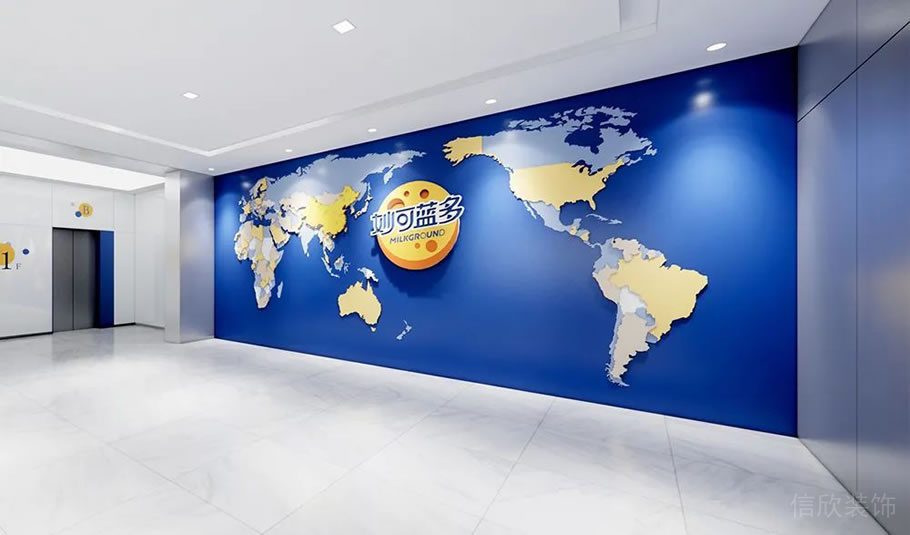 深圳龍崗寶能科技園3000平方米藍(lán)白黃色調(diào)簡約風(fēng)辦公室裝修案例前廳企業(yè)文化展示墻 深圳龍崗寶能科技園3000平方米藍(lán)白黃色調(diào)簡約風(fēng)辦公室裝修案例前廳企業(yè)文化展示墻