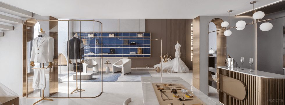 深圳市南山區(qū)蛇口現(xiàn)代輕奢風禮服店裝修設(shè)計-香檳金金屬條紋前臺 深圳市南山區(qū)蛇口現(xiàn)代輕奢風禮服店裝修設(shè)計-香檳金金屬條紋前臺