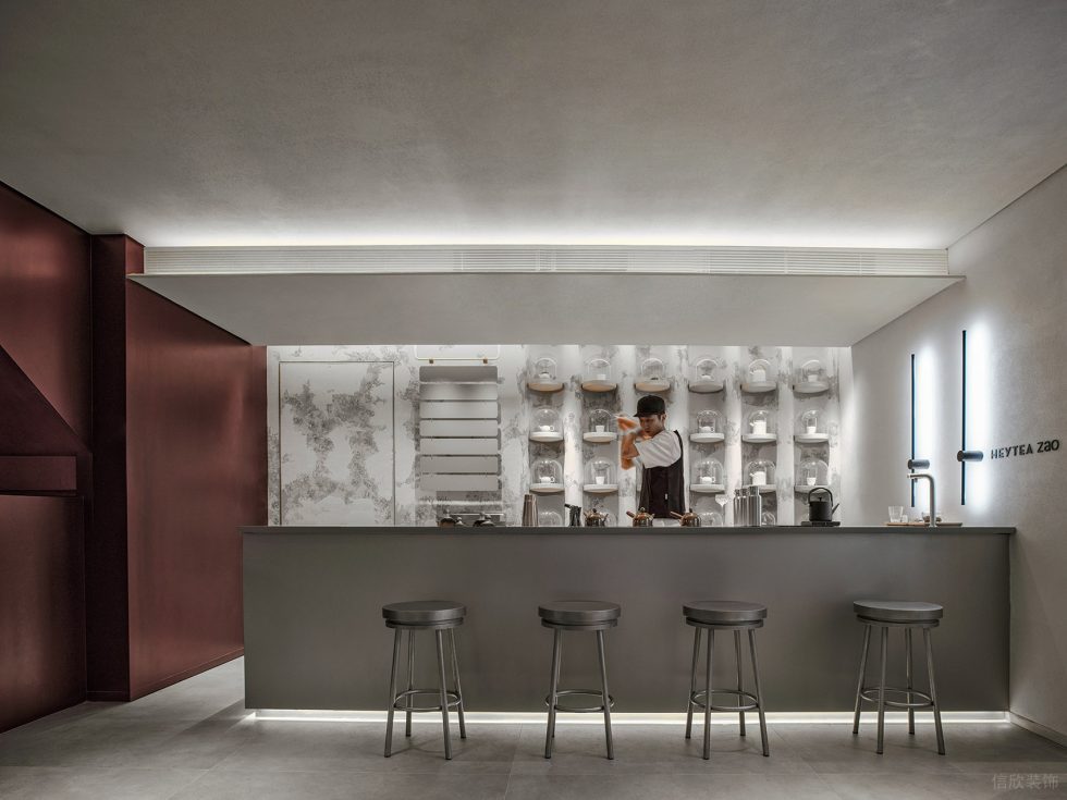簡約侘寂風(fēng)飲品店一字型操作臺裝修設(shè)計(jì)
