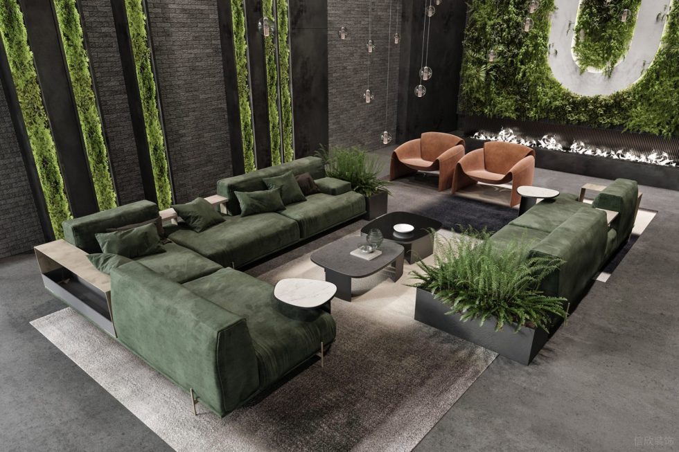 時(shí)尚清新風(fēng)辦公室裝修方案 接待區(qū)綠色布藝大沙發(fā)