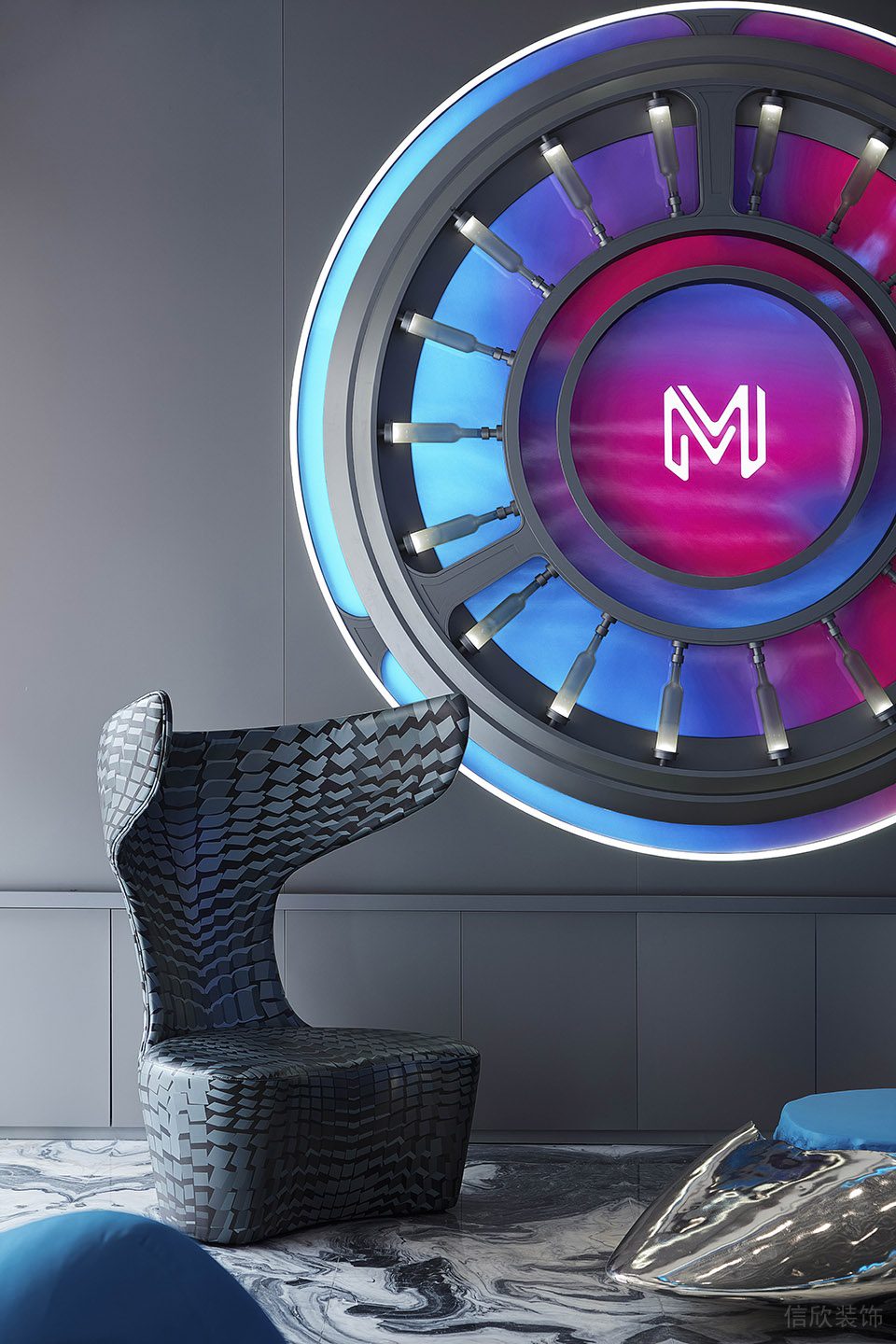 賽博朋克風(fēng)格辦公室裝修設(shè)計(jì)灰藍(lán)色藝術(shù)單人沙發(fā) 賽博朋克風(fēng)格辦公室裝修設(shè)計(jì)灰藍(lán)色藝術(shù)單人沙發(fā)