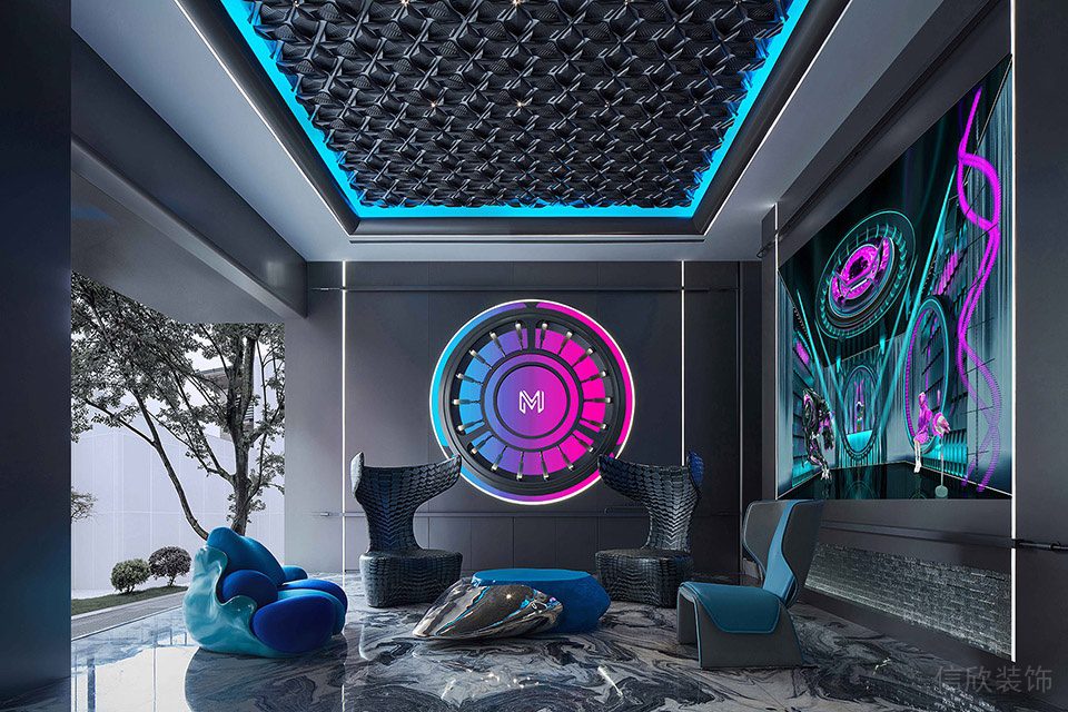 賽博朋克風格辦公室裝修設計灰藍色會客區(qū)效果圖