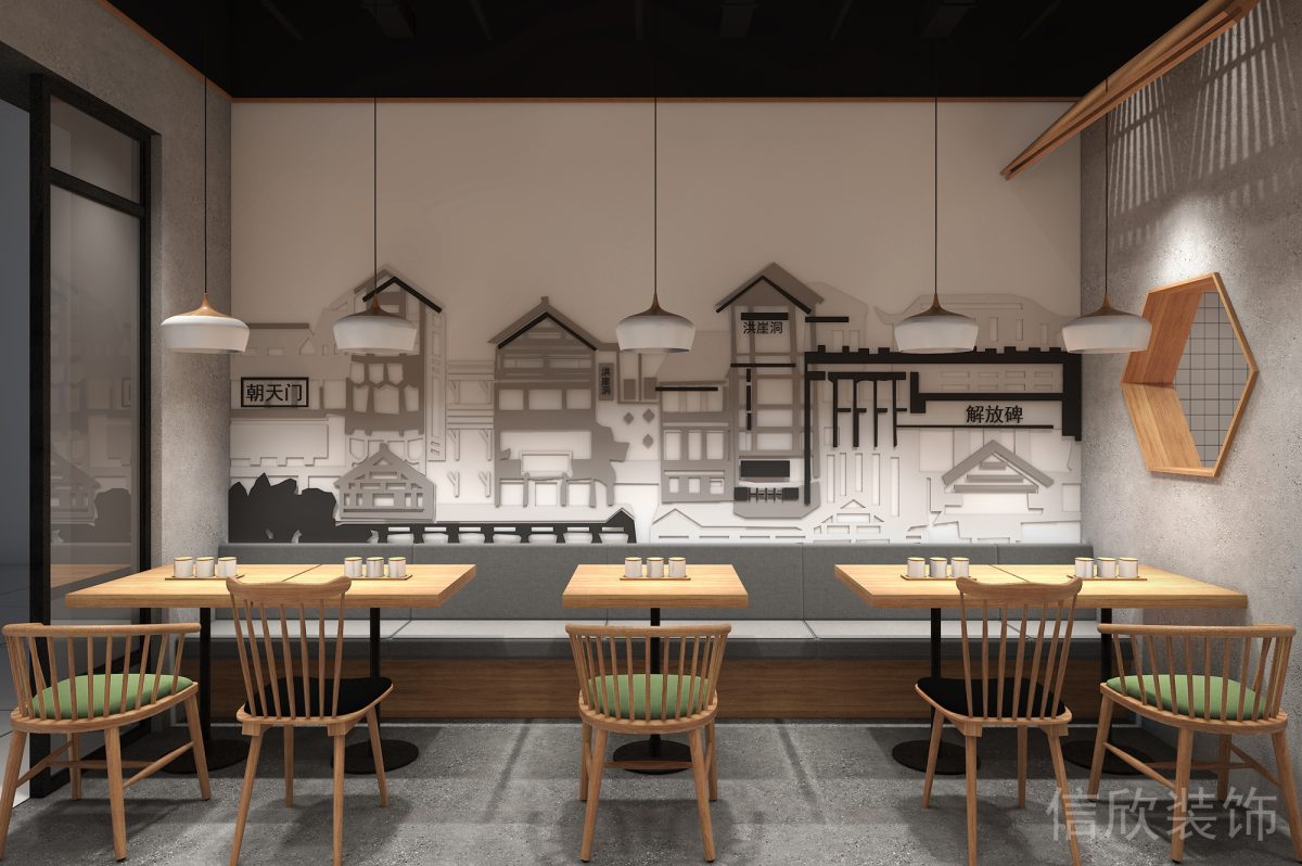 深圳福田蓮花村重慶面館長條形組合餐區(qū)裝修設(shè)計