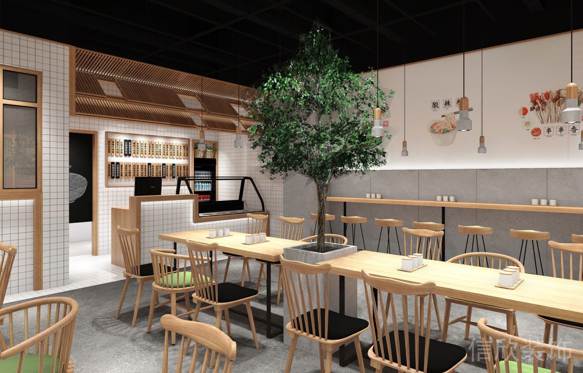 深圳福田蓮花村重慶面館原木餐桌椅組合裝修設(shè)計