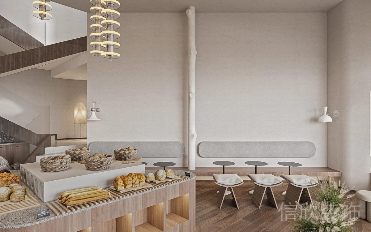 深圳光明面包咖啡店餐區(qū)展臺(tái)矮桌裝修設(shè)計(jì)