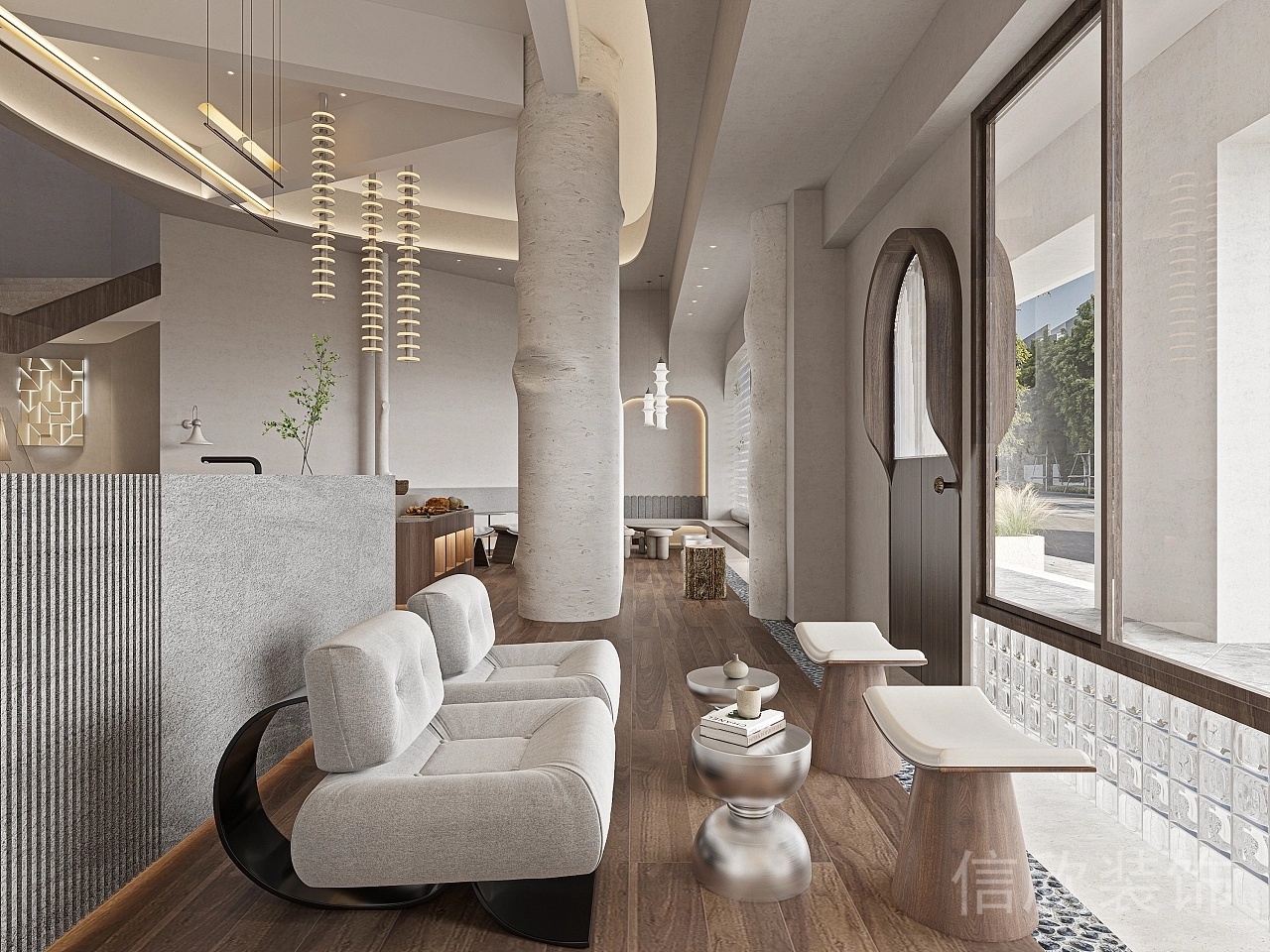 深圳光明面包咖啡店過道休息區(qū)餐桌椅裝修設(shè)計(jì)