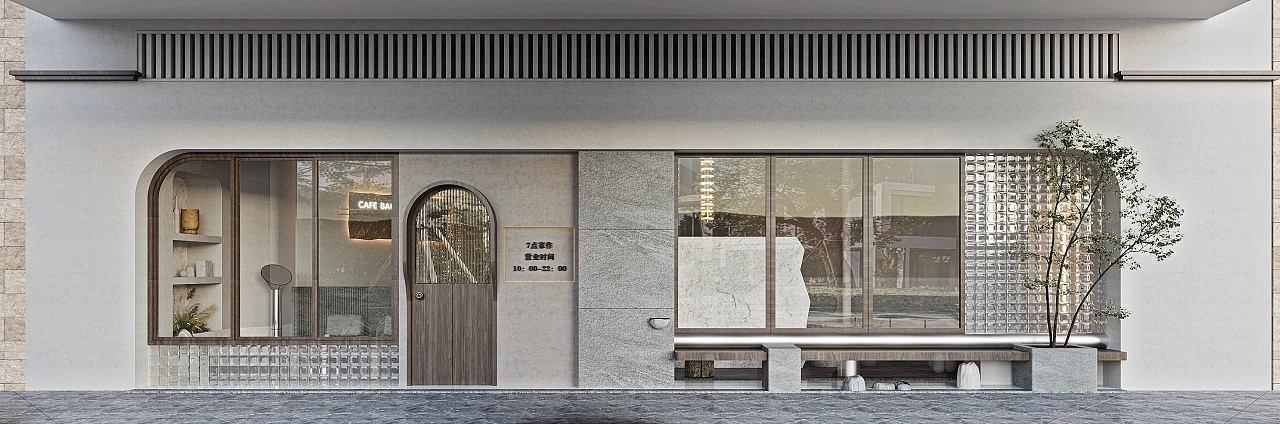 深圳光明面包咖啡店門面外觀圓角門洞玻璃磚裝修設(shè)計(jì)