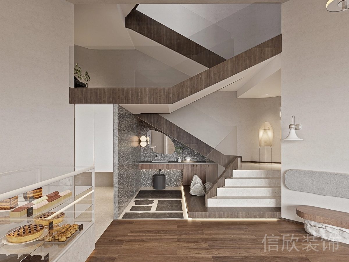 深圳光明面包咖啡店米色大理石樓梯裝修設(shè)計(jì)