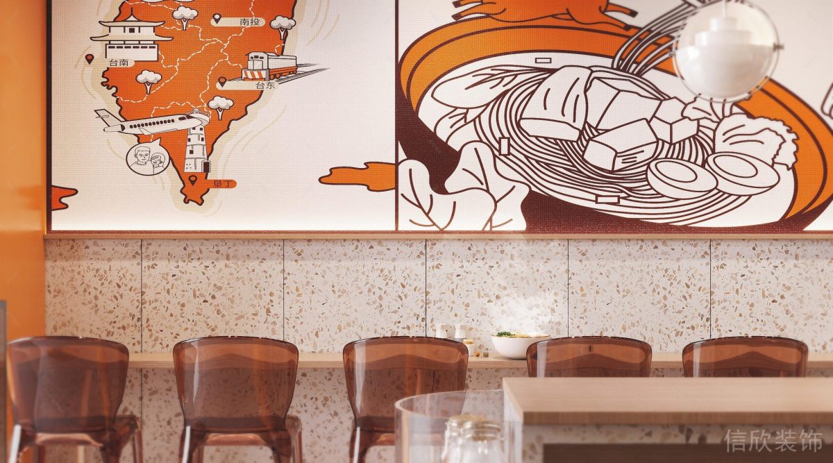 深圳龍崗布吉小兩口米線橙色面館墻面主題宣傳畫裝修設(shè)計