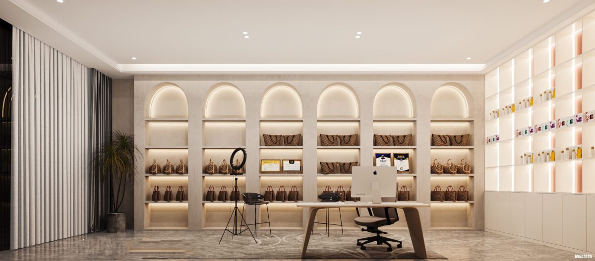 深圳羅湖文化大廈帶貨直播間鏡頭內(nèi)商品展柜裝修設(shè)計